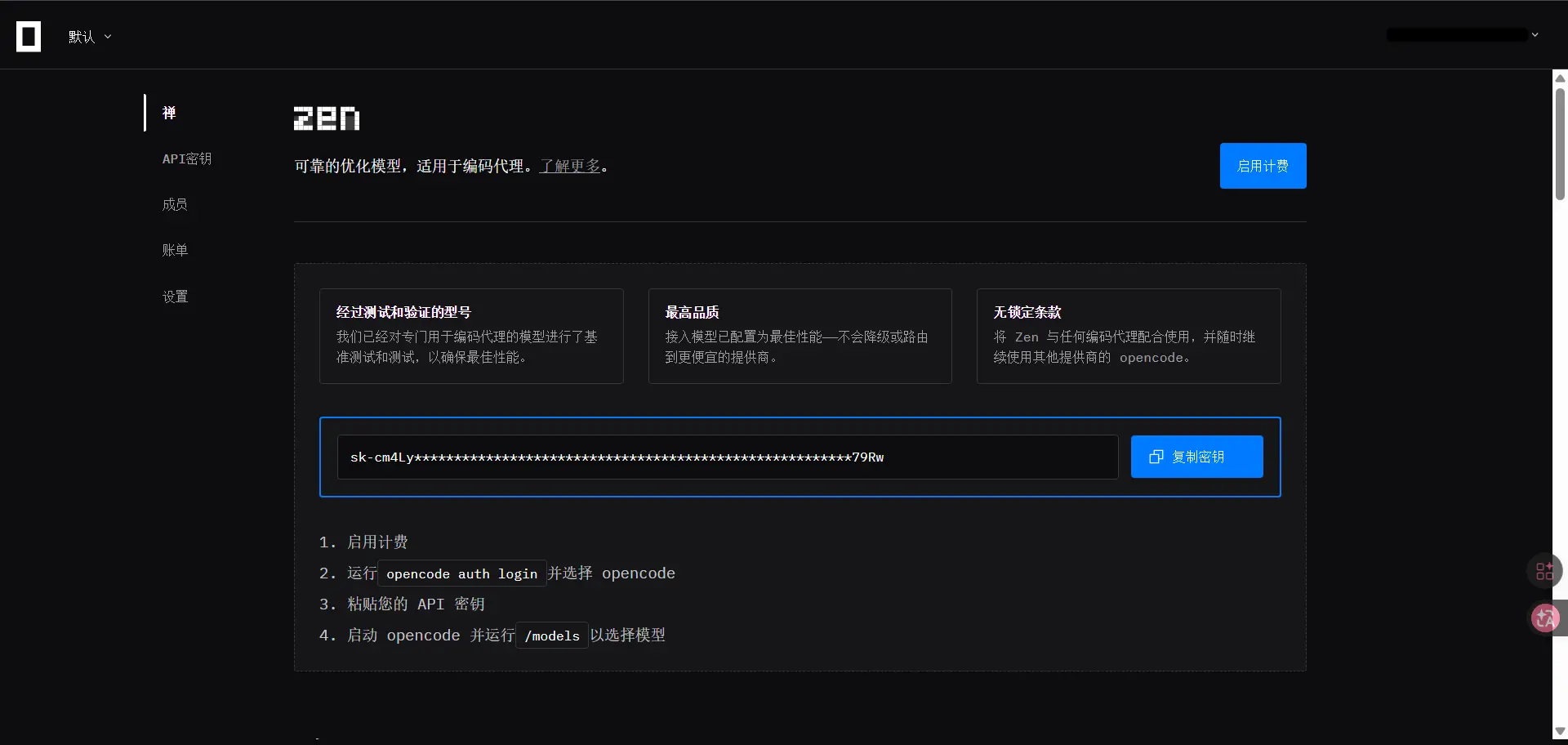 OpenCode API Key 页面