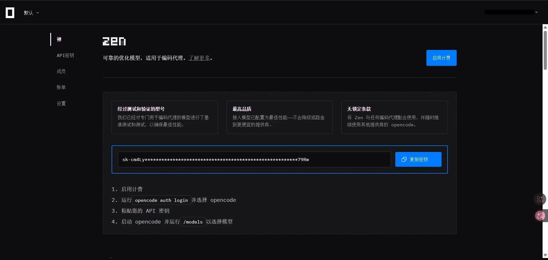 OpenCode API Key 页面